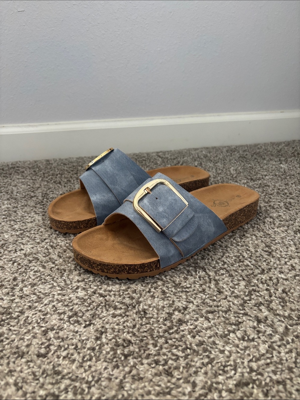 Women's Blue Slide Sandals with Gold Buckle